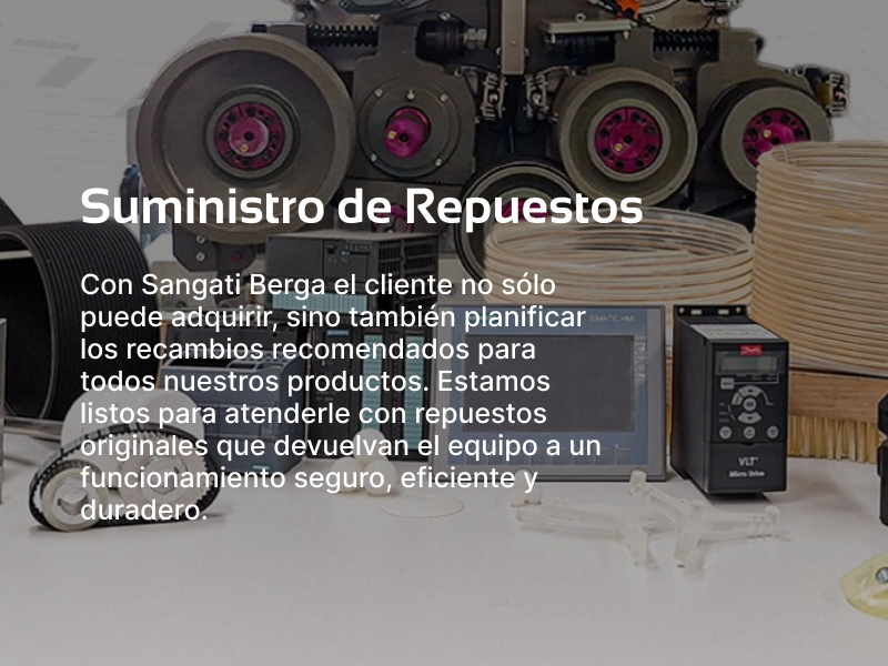 Con Sangati Berga el cliente no sólo puede adquirir, sino también planificar los recambios recomendados para todos nuestros productos. Estamos listos para atenderle con repuestos originales que devuelvan el equipo a un funcionamiento seguro, eficiente y duradero.